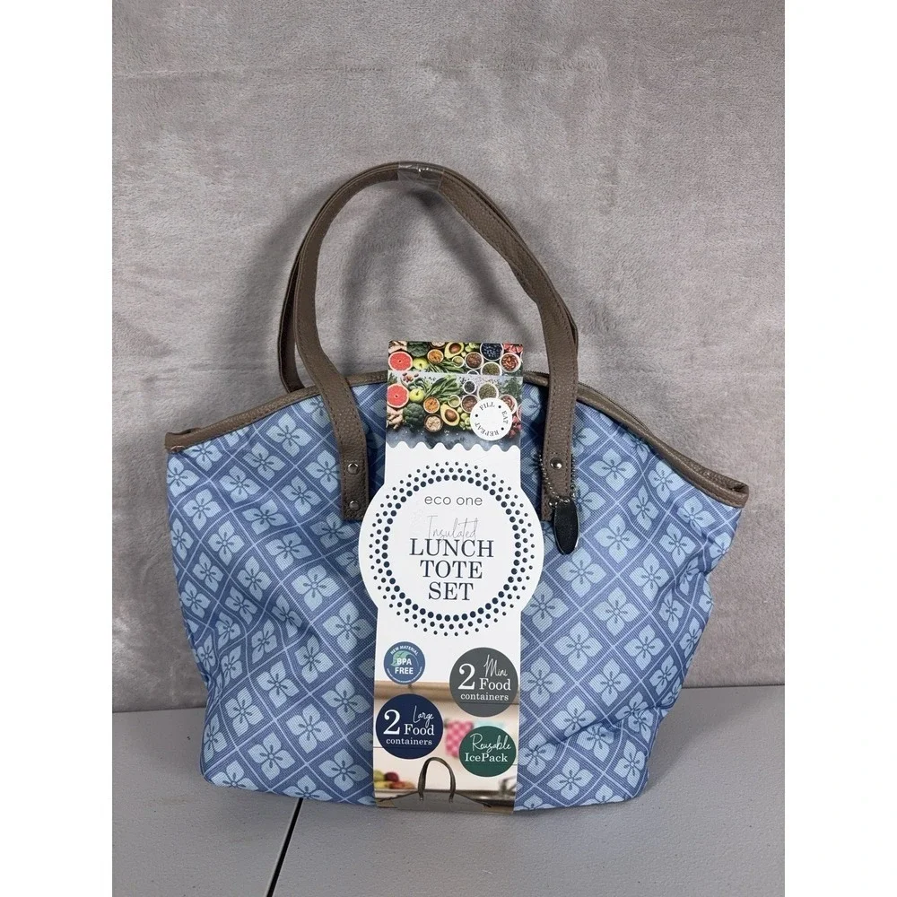 Eco One Insulated Lunch Tote Set Blue Bag Food Containers Ice Pack Travel Work